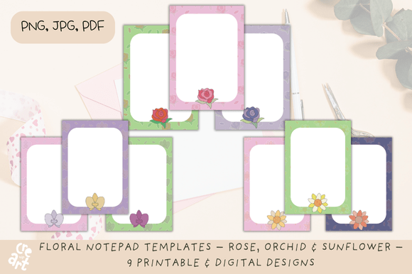 Floral Notepad Templates: Rose, Orchid & Sunflower for Creative Projects
